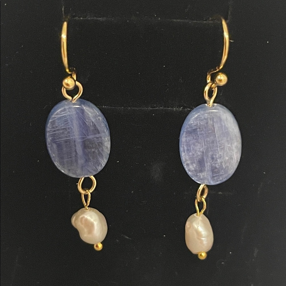 Elegant Gold and Kyanite Pearl Dangle Earrings